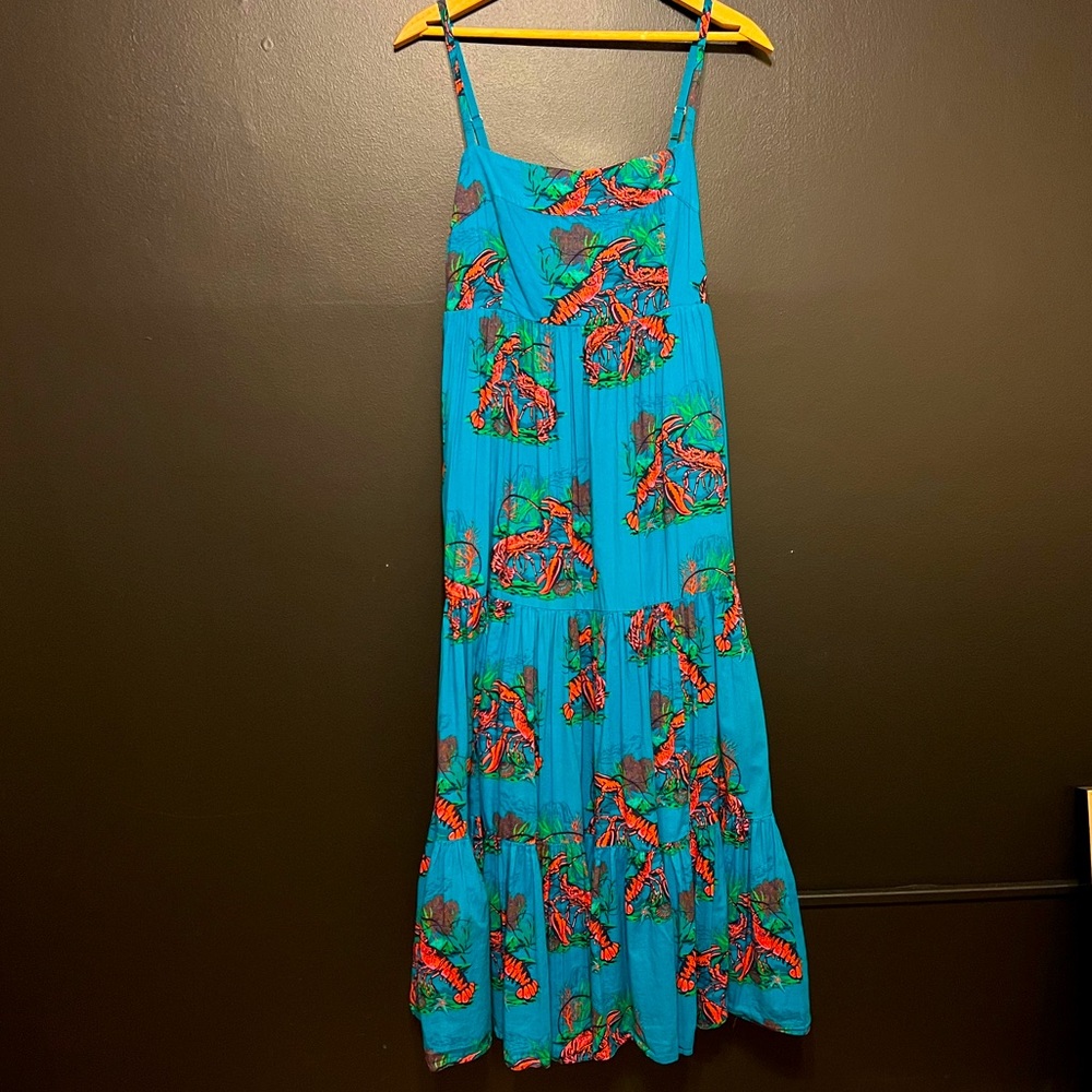 J. Crew Turquoise Maxi Dress with Red & Green Floral Motif